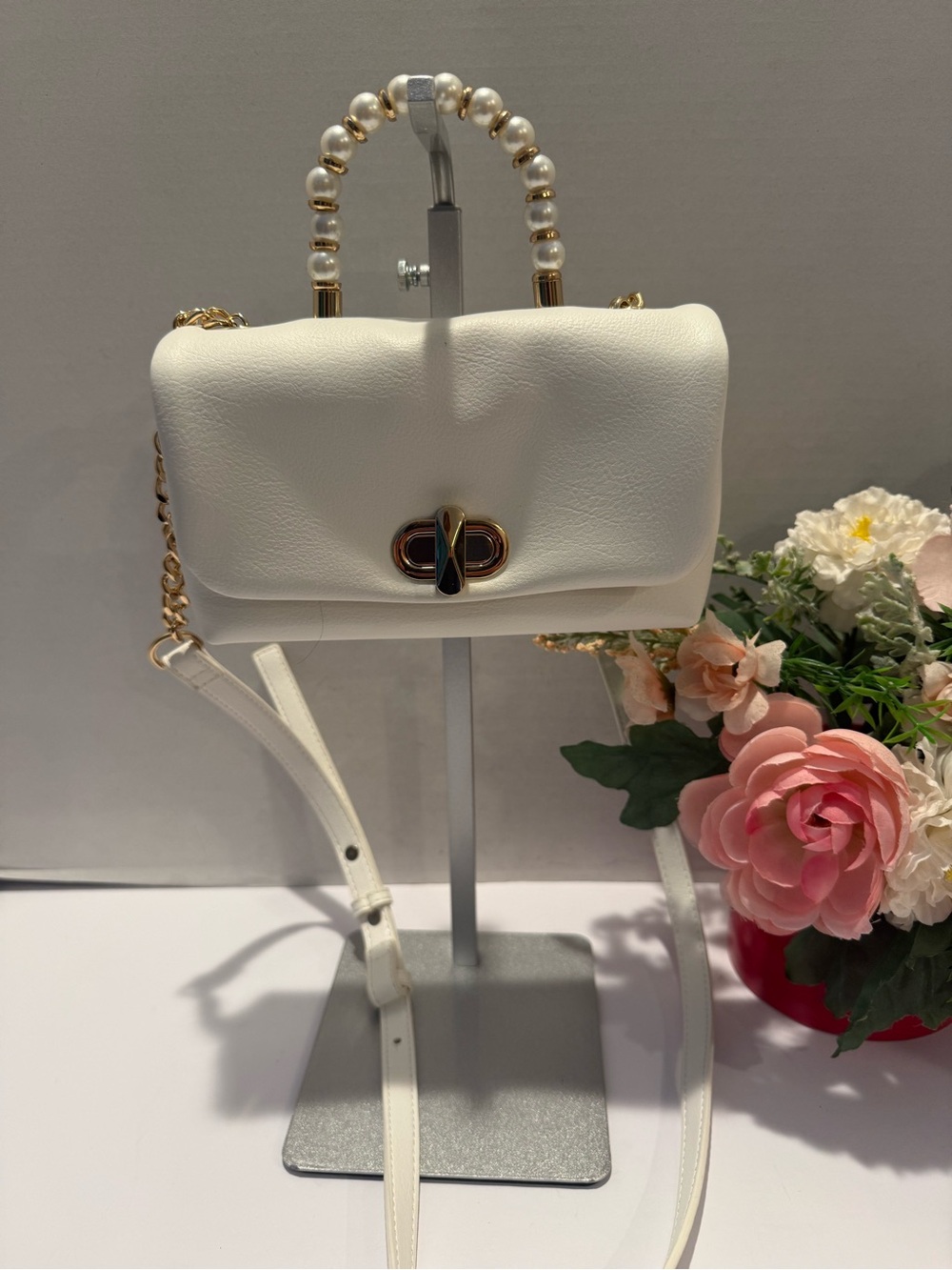New INC Elegant White Pearl-Handle Vegan Crossbody Bag